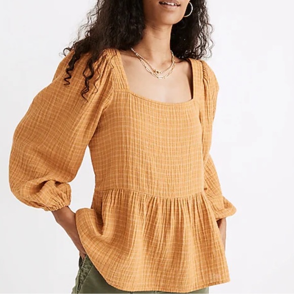 Madewell Tops - MADEWELL Yellow Peasant Balloon Plaid Top Shirt Blouse